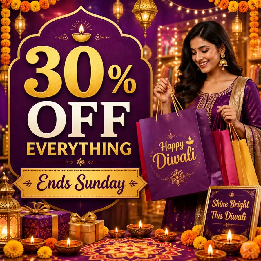 Diwali sale creative with a shopper in ethnic wear and 30% off everything until Sunday