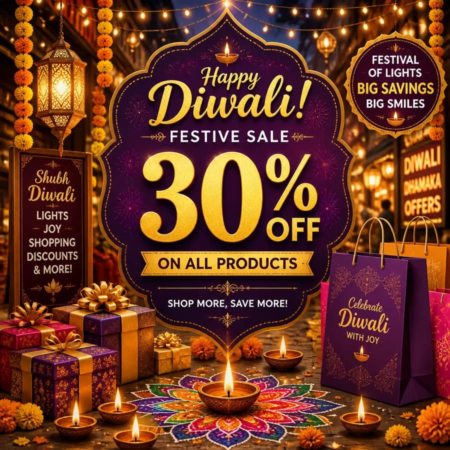 Diwali festive sale creative with diyas, marigolds and 30% off on all products