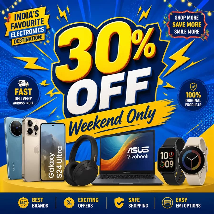 Electronics weekend sale creative with phones, laptop and headphones at 30% off