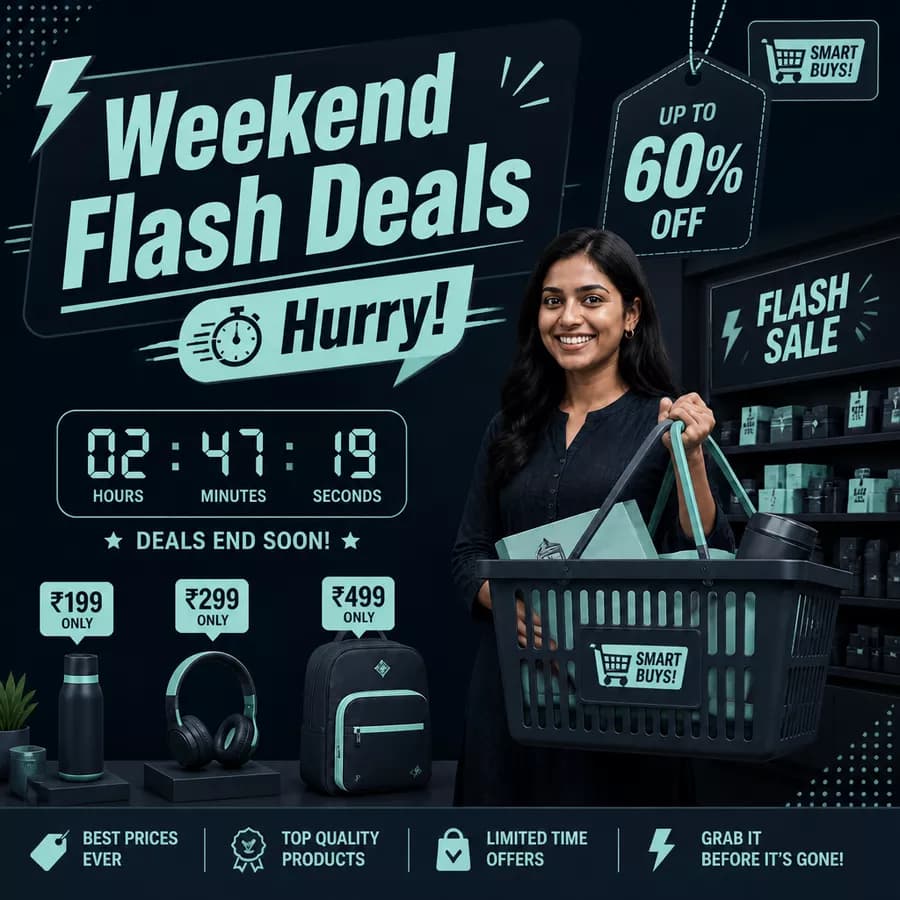Weekend flash deals creative with a countdown timer and products from ₹199