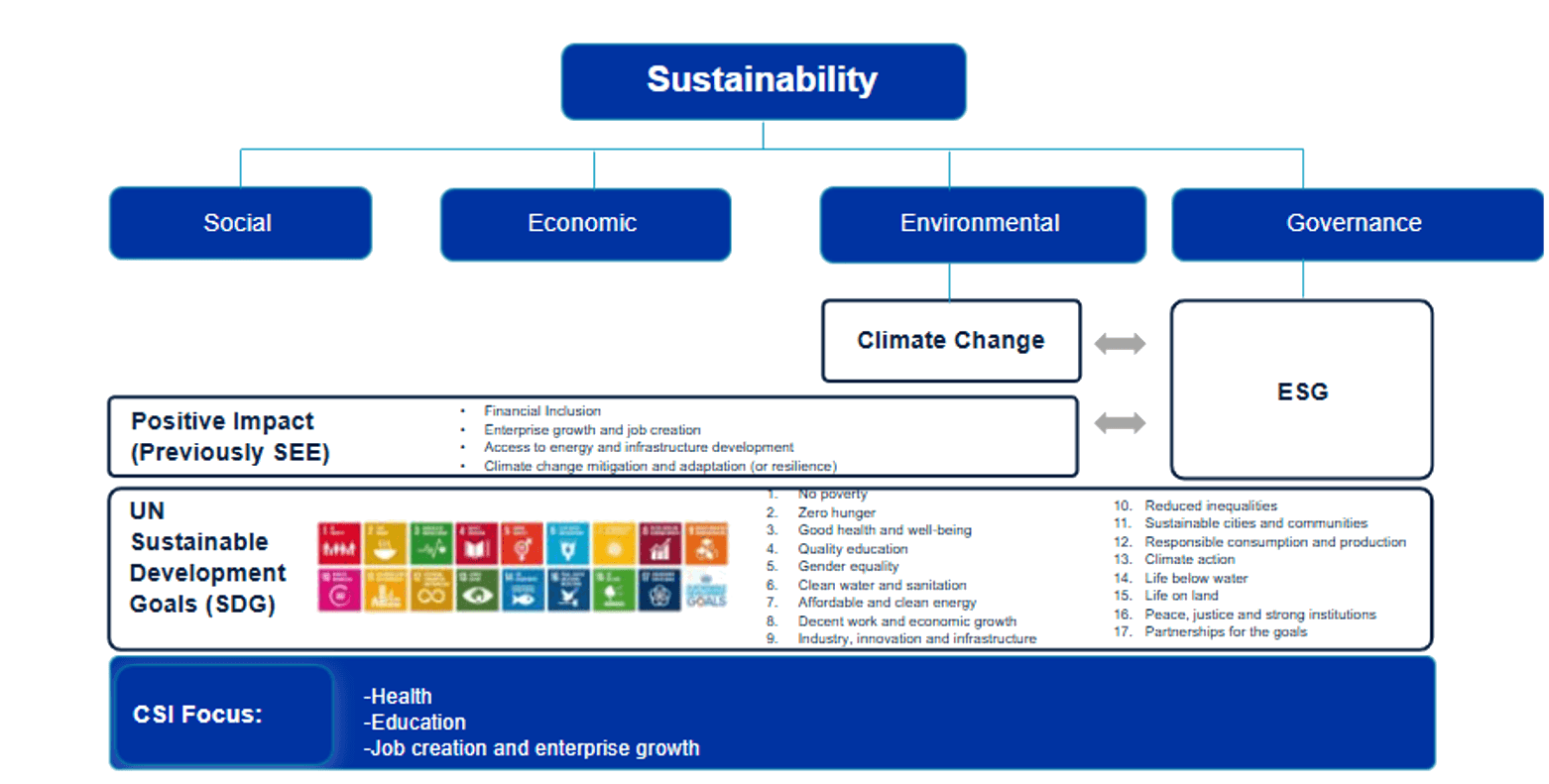Stanbic IBTC sustainability framework — Social, Economic, Environmental, Governance pillars with Climate Change and ESG dimensions